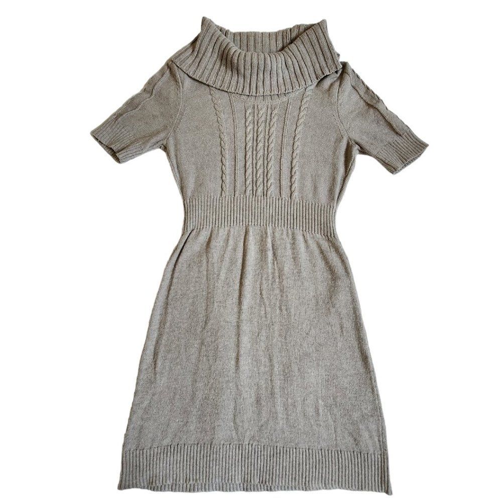Loft Petites tan brown short sleeve cowl neck sweater dress sz PM